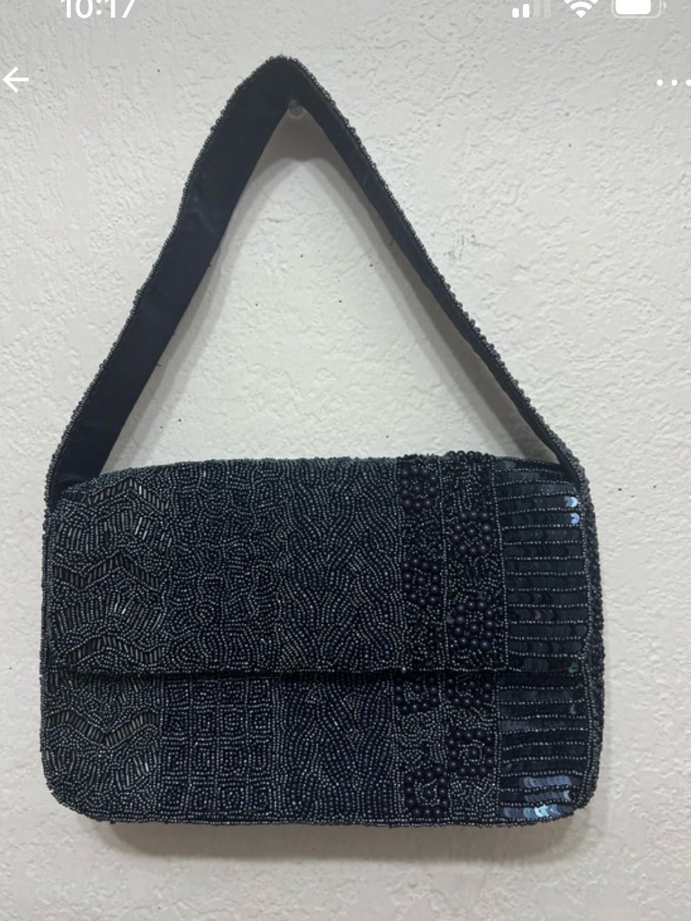 Black Beaded Shoulder Bag with Textured Beadwork